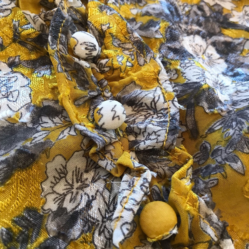 NWOT Zara Ruffle Trim Silky Yellow Gray Floral Pattern Button Floral Blouse Top - Picture 8 of 14